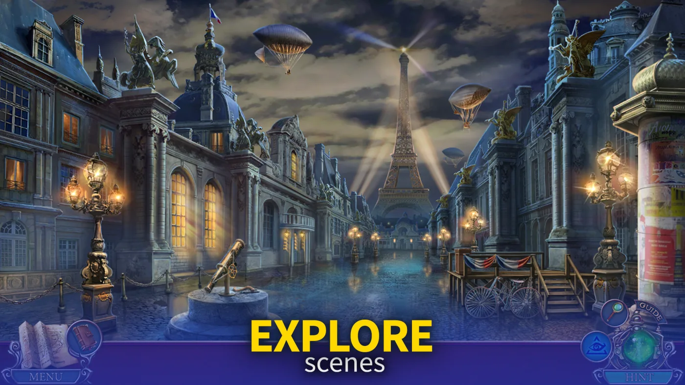 Dark Paris street with hidden object scene